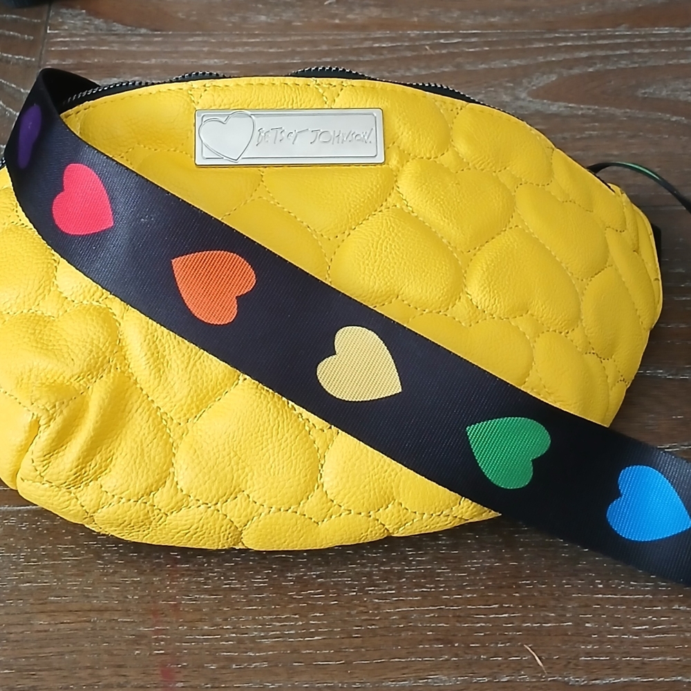 Betsey Johnson Yellow Crossbody Bag with Rainbow Hearts
